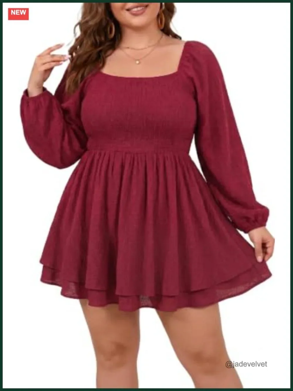 Plus Size Square Neck Puff Sleeve Mini Dress A-Line Tiered Flowy